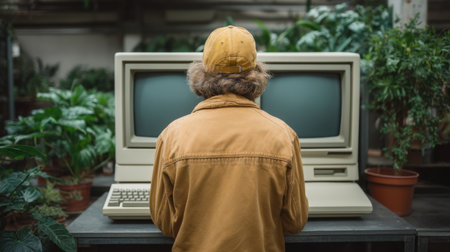 A man sits at an old style computer in a green-filled indoor space. Surrounded by lush plants, this vintage scene captures a nostalgic atmosphere of technology and nature.の素材