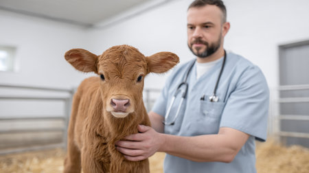 A veterinarian carefully inspects a newborn calf in a clean agricultural stable, ensuring the young animal receives essential care for health and well-being.の素材