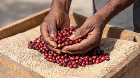 A close-up view of hands meticulously sorting through freshly harvested coffee cherries beneath the bright sun, showcasing the beauty of natural coffee production.の素材