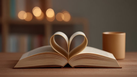 Immerse yourself in a cozy reading ambiance with an open book forming a heart shape, accompanied by a warm coffee mug and soft candlelight glow perfect for relaxation.の素材