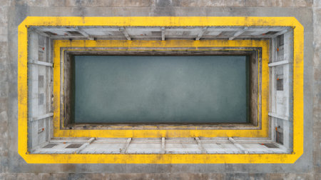 Experience a striking aerial view showcasing a concrete structure bordered with yellow, revealing a calm reflection of water in this urban landscape.の素材