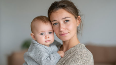 A tender moment captured in a cozy living room, showcasing a tired mother holding her baby, both radiating warmth and love with gentle expressions that highlight the beauty of their bond.の素材