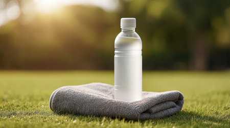A clear water bottle sits elegantly on a soft towel, surrounded by vibrant green grass, capturing the essence of outdoor hydration and healthy living under natural light.の素材
