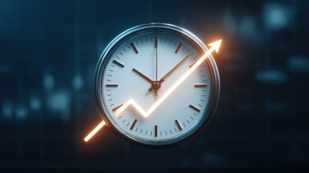 This image depicts an abstract concept of time management, featuring a clock with a rising arrow overlay, symbolizing business growth and performance analysis in a modern setting.の素材