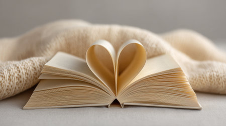 An open book with its pages beautifully folded into a heart shape is placed on a cozy surface with soft light and a warm blanket, evoking a romantic atmosphere.の素材