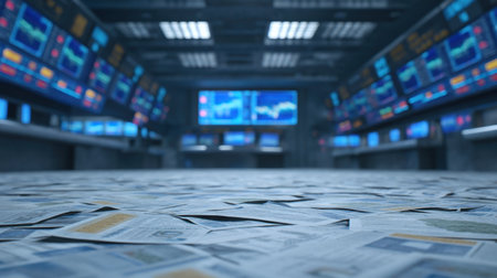 A striking view of scattered papers on an exchange floor, illuminated by glowing screens displaying financial data, capturing a high-tech trading atmosphere.の素材