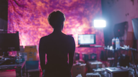 A woman stands silhouetted against a vibrant backdrop in a studio setup, illuminated by bright lights. The scene captures the essence of creative expression and artistic endeavor.の素材