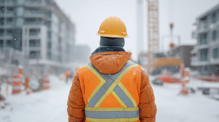 A dedicated worker in a winter jacket and hard hat supervises a construction site in snowy weather, emphasizing safety and resilience in harsh conditions.の素材