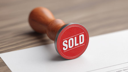 Close-up of a red sold stamp on a document, symbolizing a completed transaction in a business setting. Perfect for themes of sale, agreement, and confirmation.の素材