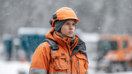 A focused construction worker stands outdoors in a high visibility orange jacket with a helmet, surrounded by falling snow, exemplifying safety in harsh winter conditions.の素材
