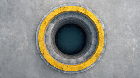 This aerial view captures a filled concrete well structure featuring a yellow ring. The calm blue water reflects the surrounding textured gray surface, showcasing industrial design.の素材