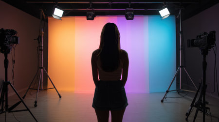 A woman stands in a professional studio setup, facing a colorful backdrop illuminated by vibrant lighting, surrounded by cameras and equipment for artistic photography.の素材
