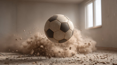 A soccer ball crashes through drywall in an abandoned room, sending debris flying. This action shot captures the dynamic energy and impact of the scene, illustrating chaos and motion.の素材