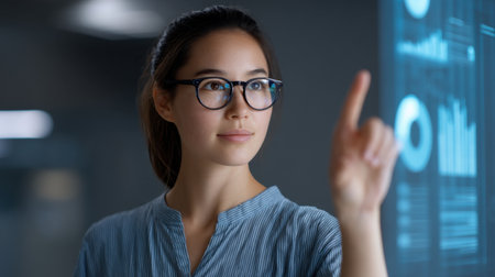 A young professional engages with advanced 3D data visualizations in a modern office, showcasing innovative technology for performance analysis and decision-making.の素材
