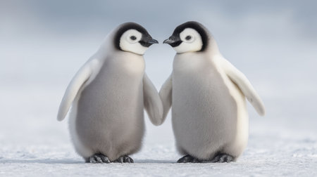 Two adorable baby penguins are playfully leaning towards each other, forming a heart shape with their heads, capturing the essence of love in a beautiful winter landscape.の素材
