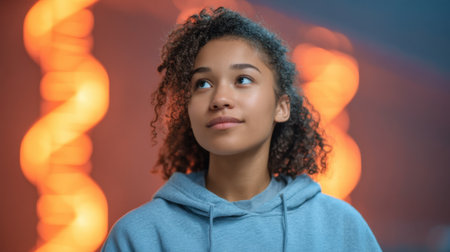 A woman with a thoughtful expression explores innovative ideas in genetics, surrounded by glowing DNA strands in a modern and artistic environment, symbolizing curiosity and potential.の素材