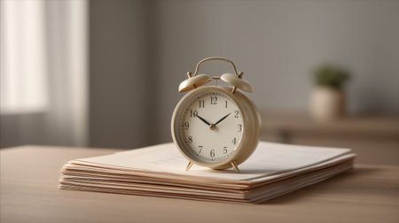 A vintage alarm clock rests beside a neat stack of documents, capturing the essence of productivity. The serene workspace highlights time management and organization.の素材