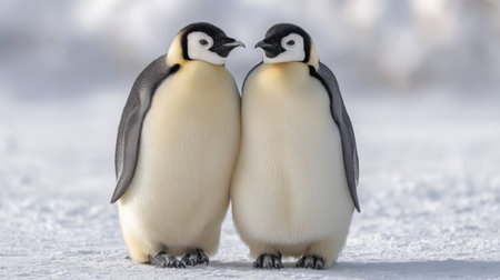 A charming scene of two cute penguins standing closely together in a snowy landscape, forming a heart shape with their heads, symbolizing love and connection in nature.の素材