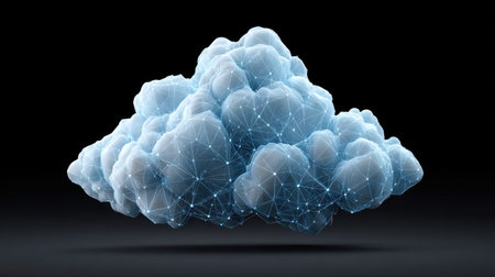 This image illustrates a cloud data network, showcasing a three-dimensional cloud structure intertwined with digital connections, highlighting technology and innovation.の素材