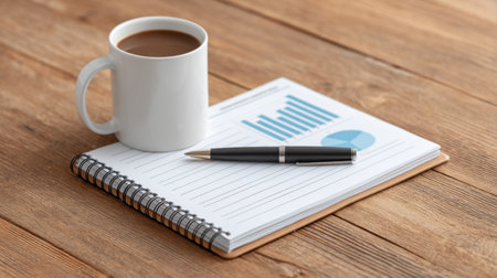 A serene workspace featuring a notebook, pen, and a coffee cup on a wooden table, perfect for taking notes or conducting analysis for creative projects.の素材