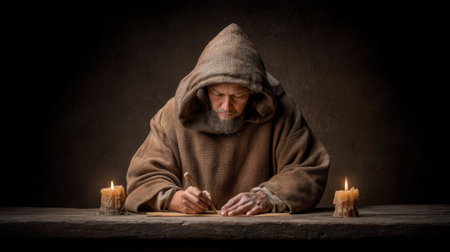 A focused monk scribe diligently writes in a dimly lit space, surrounded by flickering candle flames. The serene atmosphere captures the essence of ancient artistry and dedication.の素材