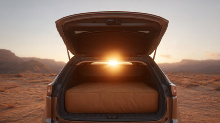 An open trunk of a vehicle reveals a glowing sunset in an arid desert landscape. The warm light enhances the serene atmosphere, perfect for outdoor adventures.の素材
