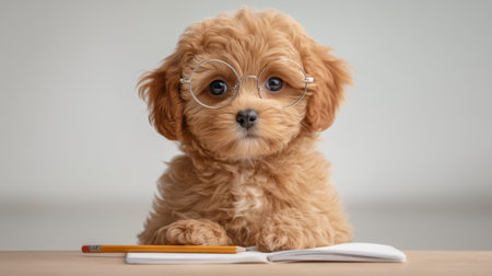 This charming image features a fluffy puppy wearing glasses, sitting at a desk with a pencil and notebook, exuding a curious and playful vibe in a bright setting.の素材