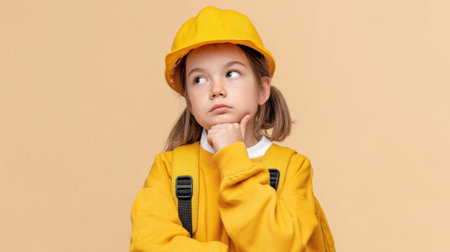 A thoughtful young girl in a yellow construction hat and backpack exudes curiosity and innocence, perfect for themes of childhood and imagination, inviting creativity.の素材
