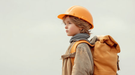 A young child wears a protective helmet and a backpack, gazing thoughtfully into the distance against a cloudy backdrop, symbolizing curiosity and adventure.の素材