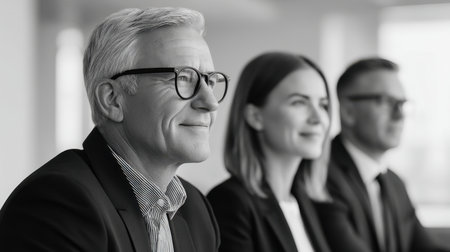 A professional team engaged in a strategic meeting, showcasing collaboration and leadership in business transformation initiatives within a modern office environment.の素材