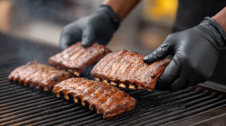 Black gloved hands expertly turn seasoned ribs on a grill, showcasing an outdoor cooking scene filled with smoky aroma and delicious barbecue flavors.の素材