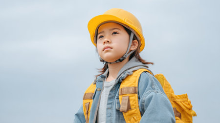 A young child wearing a bright helmet and a yellow backpack gazes thoughtfully into the distance, embodying a spirit of exploration and adventure under a serene sky.の素材