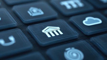 Modern digital interface featuring cloud computing and regulatory icons. Ideal for technology representation, showcasing security and efficiency in digital services.の素材