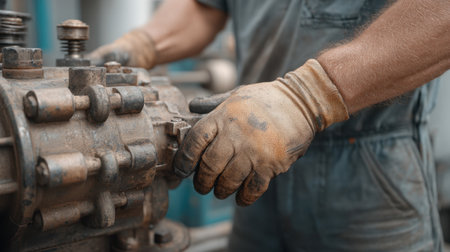 A technician works diligently on heavy machinery, showcasing their hands and tools. The image captures the essence of maintenance and repair in an industrial environment.の素材
