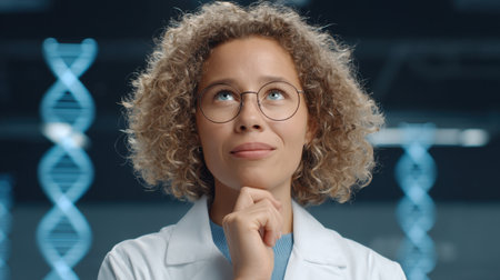 A thoughtful scientist in a laboratory setting examines DNA structures using advanced digital visualization methods, highlighting the intersection of technology and research in genetics.の素材