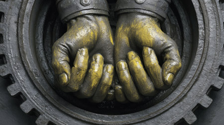 This striking image captures a close-up view of a mechanic's hands, coated in oil and grease, firmly grasping machinery in a vibrant industrial environment.の素材