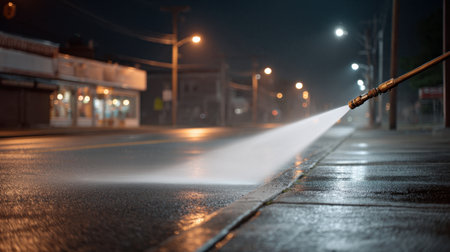 A nighttime scene shows a washer spray water onto a wet sidewalk in a city, illuminated by streetlights. The image captures the glow and reflections in the damp environment.の素材