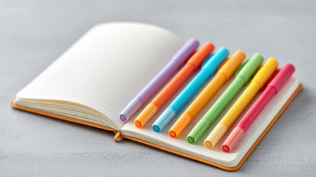 An open notebook lies flat on a gray surface, accompanied by a vibrant array of colorful markers, perfect for planning, creativity, and engaging artistic expressions.の素材