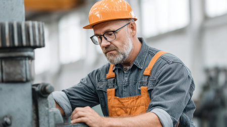 A skilled mechanic adjusts machinery parts with focus and precision in an industrial workshop, showcasing expertise and commitment to quality in a safe environment.の素材