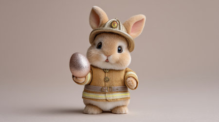 This whimsical image showcases a tiny bunny dressed as a fireman, joyfully holding a shimmering egg. Perfect for spring themes or festive celebrations!の素材