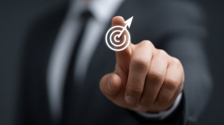 A businessman in a suit is highlighting an upward trend with an arrow, symbolizing progress and achievement in a corporate environment. This image represents motivation and success.の素材