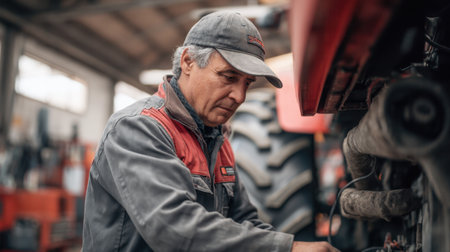 A focused mechanic works on an industrial vehicle in a workshop, demonstrating skills in maintenance and repair. The environment highlights the intricacies of machinery tasks.の素材