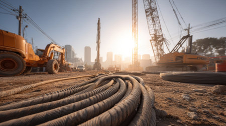 A sunlit construction site showcasing heavy machinery and cables spread across the ground. The urban skyline reflects the progress of modern development.の素材