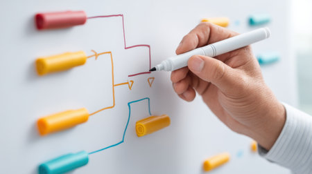 A hand holding a marker points at a colorful diagram on a modern whiteboard, showcasing a collaborative atmosphere ideal for brainstorming and planning sessions.の素材