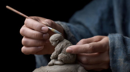 A skilled woman delicately molds a clay figure, displaying her artistic talent and focus. Her careful technique highlights the intricate process of sculpting in a serene setting.の素材