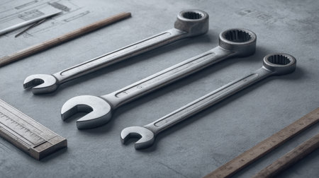Discover a meticulously arranged workstation showcasing high-quality wrenches and measuring tools, exemplifying precision and durability for professional use in various trades.の素材