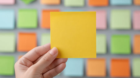 A hand holds a vibrant yellow sticky note in front of an array of colorful notes, perfect for reminders, messages, or creative inspiration in a workspace.の素材