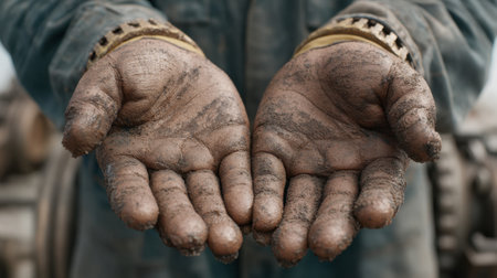 Close-up of a mechanic's hands, showing the dirt and grease accumulated from machinery maintenance. A testament to hard work and craftsmanship in the industrial field.の素材