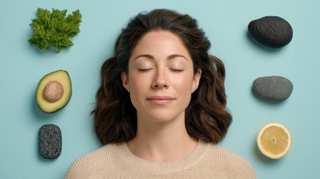 A serene portrait of a woman with closed eyes, embodying tranquility and wellness, surrounded by fresh vegetables and natural elements on a soothing blue backdrop.の素材