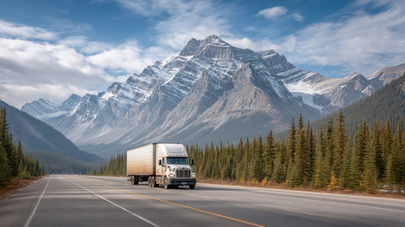 A striking image of a cargo truck driving along an open road, framed by stunning mountains and verdant trees, capturing the essence of freedom and adventure in nature.の素材